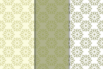 Set of pale olive green floral backgrounds. Seamless patterns