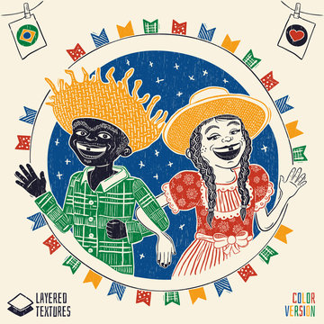 Happy multiracial hick couple waving - Brazilian June Party with diversity. Detailed vector for june party themes. Removable wood texture. Made in Brazil with love.