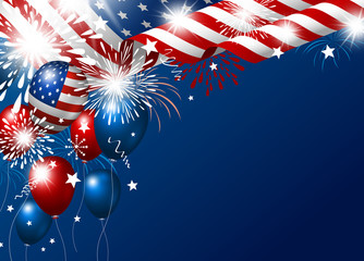 USA 4th july happy independence day design of american flag and balloon with fireworks vector illustration
