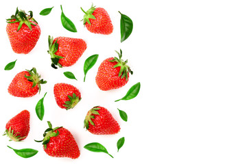 Strawberries decorated with leaves isolated on white background with copy space for your text. Top view. Flat lay