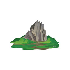 Obraz premium Flat vector icon of big stony mountain surrounded with grass. Natural landscape element. Wild nature and mountaineering theme
