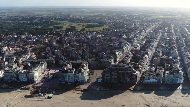 Aerial footage Knokke-Heist city in Belgian province of West Flanders it is located along North Sea on Belgian border with the Netherlands and is Belgiums best-known and most affluent seaside resort