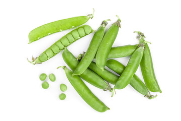 Fresh green pea pod isolated on white background. Top view. Flat lay