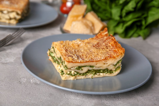 Lasagna with spinach on table