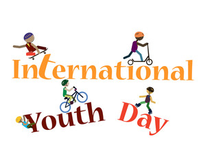 Stylized inscription on International Youth Day, depicting the silhouettes of youth engaged in extreme sports