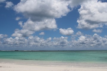Fototapeta na wymiar Paradisiac white sand beach with turquoise water and blue sky with white clouds