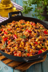 Mexican rice with minced meat and vegetables.