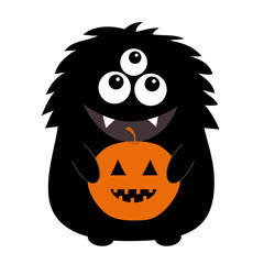 Black monster silhouette holding pumpkin. Cute cartoon scary funny character. Baby collection. Three eyes, fang tooth, big tongue, hands. White background. Isolated. Happy Halloween card. Flat design