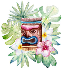 Tropical watercolor illustration with leaves, mask and flowers. © Tapilipa