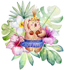 dancing bear with tropical plants, watercolor illustration isolated on white background.