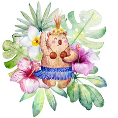 dancing bear with tropical plants, watercolor illustration isolated on white background. © Tapilipa