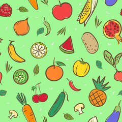 Cute mix fruits and vegetables  seamless pattern background vector format in hand drawing cartoon styles
