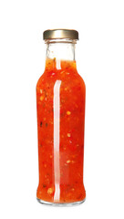 Bottle with tasty sauce on white background