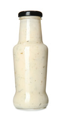 Bottle with tasty tartare sauce on white background