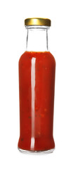 Bottle with tasty sauce bolognese on white background