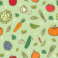 Cute mix vegetables seamless pattern background vector format in hand drawing cartoon style