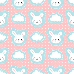 Schattig wit konijntje met Cartoon Cloud naadloze patroon achtergrond, vectorillustratie