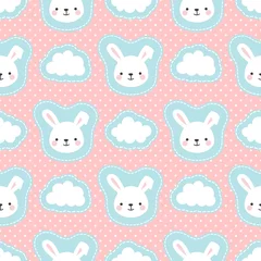 Wall murals Rabbit Cute White Bunny Rabbit with Cartoon Cloud Seamless Pattern Background, Vector illustration