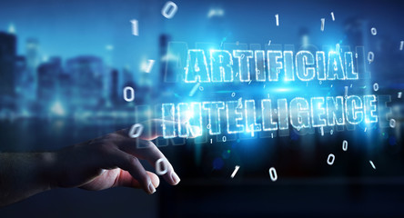 Businessman using digital artificial intelligence text hologram 3D rendering