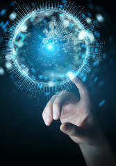 Businesswoman using globe network hologram with Europe map 3D rendering