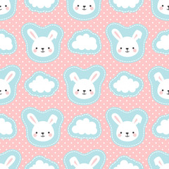 Cute White Bunny Rabbit with Cartoon Cloud Seamless Pattern Background, Vector illustration