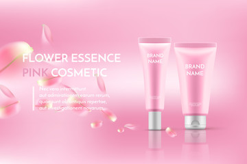 WebPink cosmetic poster template with realistic skin care tubes on a pink abstract background with flower petals. A beautiful Cosmetic magazine with rose sakura, vector illustration for ads