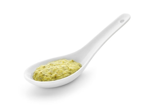 Pesto Sauce In Spoon On White Background