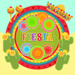 Fiesta postcard, cactus, sombrero, maraca, text