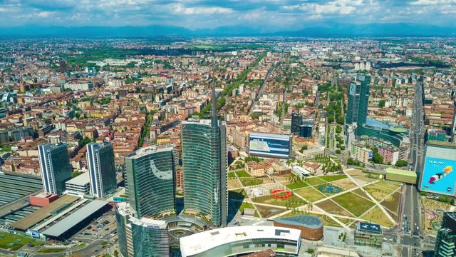 sunny day milan city modern downtown park aerial panorama 4k timelapse italy
