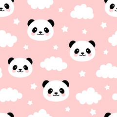 Cute Panda Seamless Pattern, Animal Background with Clouds for Kids