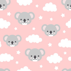 Cute Koala Seamless Pattern, Animal Background with Clouds for Kids