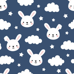 Cute Rabbit Seamless Pattern, Animal Background with Clouds for Kids
