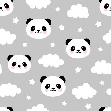Cute Panda Seamless Pattern, Animal Background with Clouds for Kids