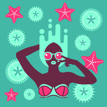 Hot tan girl in bikini in flat pop art style