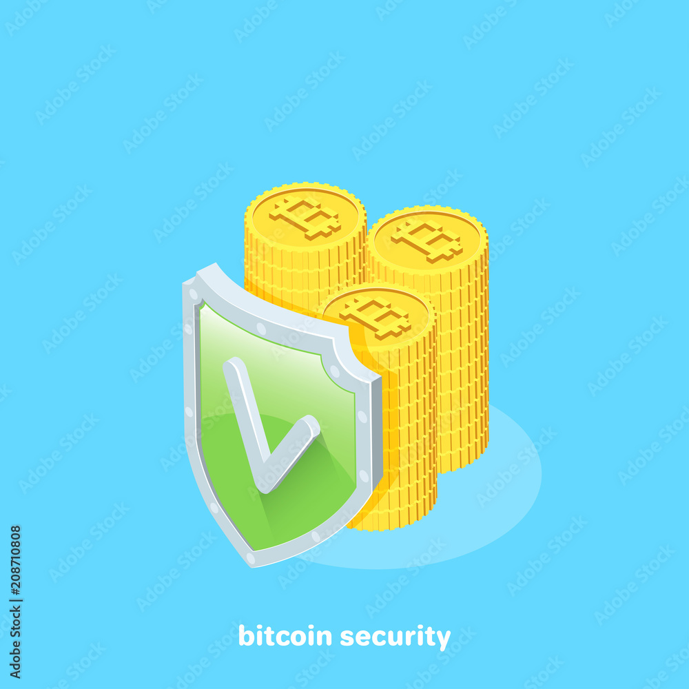 Aufkleber the columns of bitcoins and the shield with a tick, isometric image