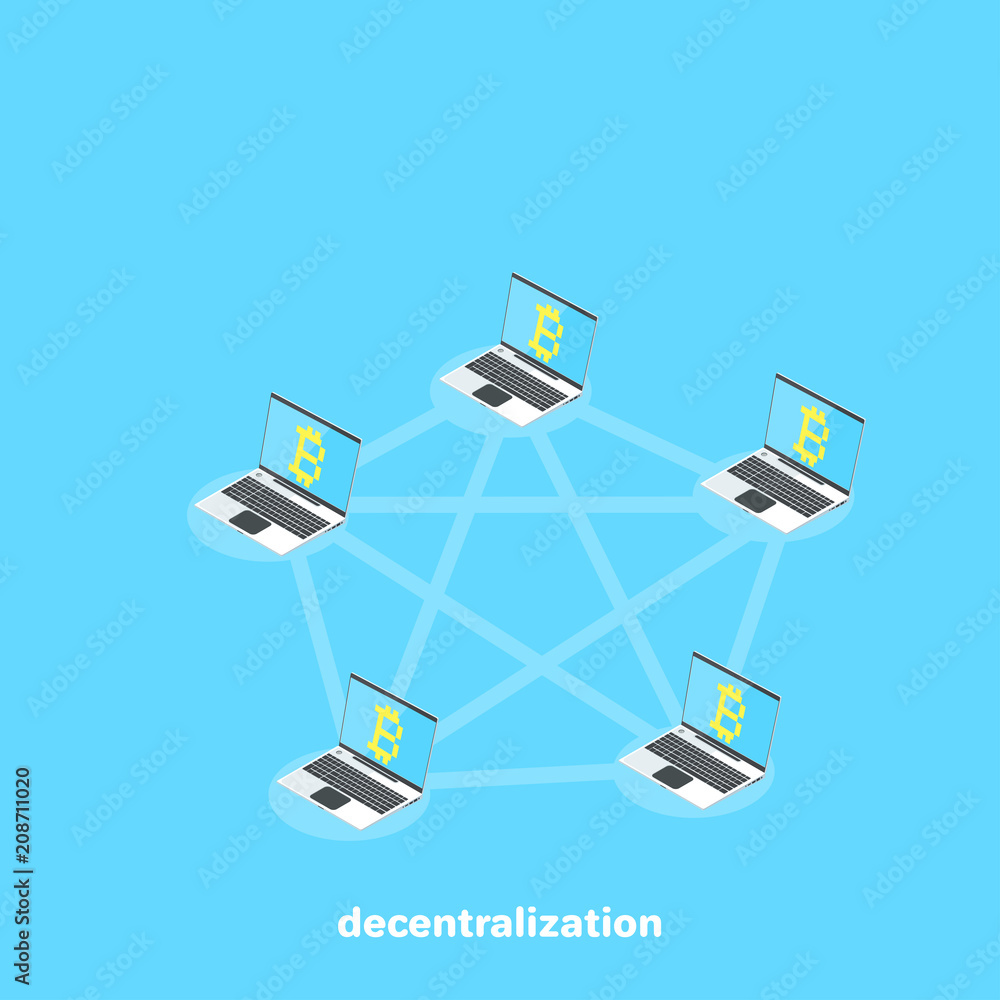 Aufkleber computers with the bitcoin symbol are connected to a decentralized network, an isometric image