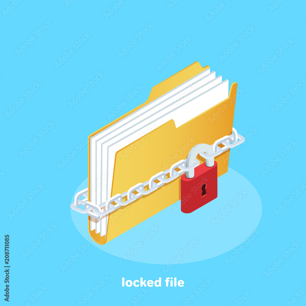 Poster icon of a folder with documents wrapped in a chain and fastened with a lock, isometric image