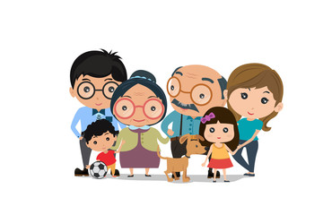 Big family happy together. smiling family portrait. Mother, father daughter, son, grandparents. Vector illustration of a flat design.