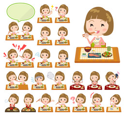 Straight bangs hair pink blouse women_Meal