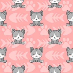 Cute Cats with Kitten Paw Seamless Pattern, Cartoon Animals Background, Vector Illustration
