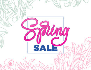 Spring Sale Banner with square frame and hand sketched pattern on white background. Template for Poster, banner, Flyer. Vector illustration.