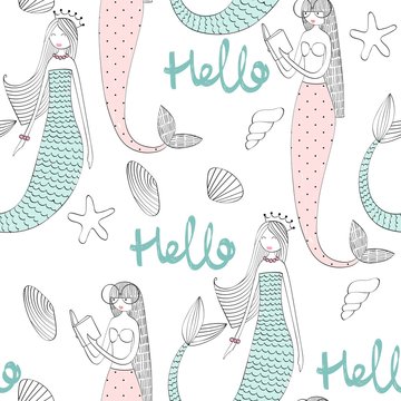 Vector seamless pattern with a mermaid and seashells