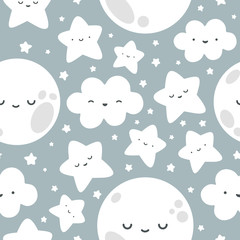 Cloud, Moon and Stars Cute Seamless Pattern, Cartoon Vector Illustration Night Sky Background