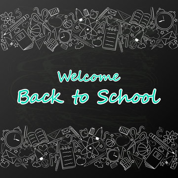 Back to school - poster with funny sketch and text. Vector.