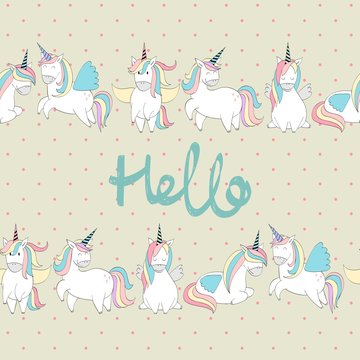 Vector greeting card with magic cute unicorns