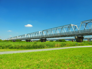 初夏の江戸川に架かる武蔵野線鉄橋