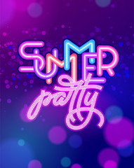 Summer party lettering on ultraviolet neon glow background. Neon sign. Vector template for night club poster, flyers, invitations. Vector illustration.