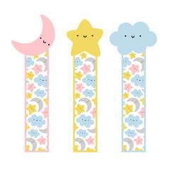 Cute Face Moon, Star and Cloud Bookmarks, Printable Sky Template Bookmark Cartoon Vector