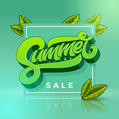 Summer Sale Banner with square frame and leaves. Template for banner, flyer, poster. Handmade typography. Vector illustration.
