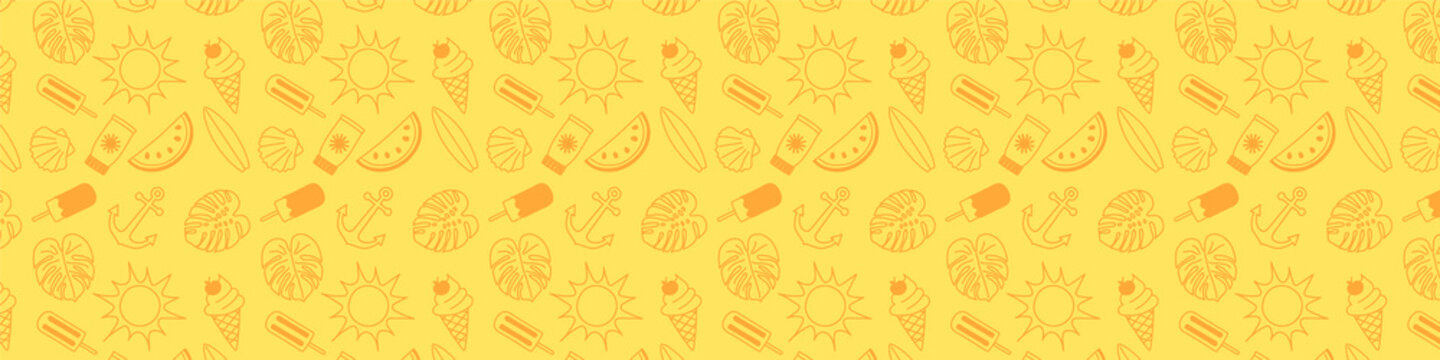 Banner with hand drawn summer icons and copyspace. Vector.